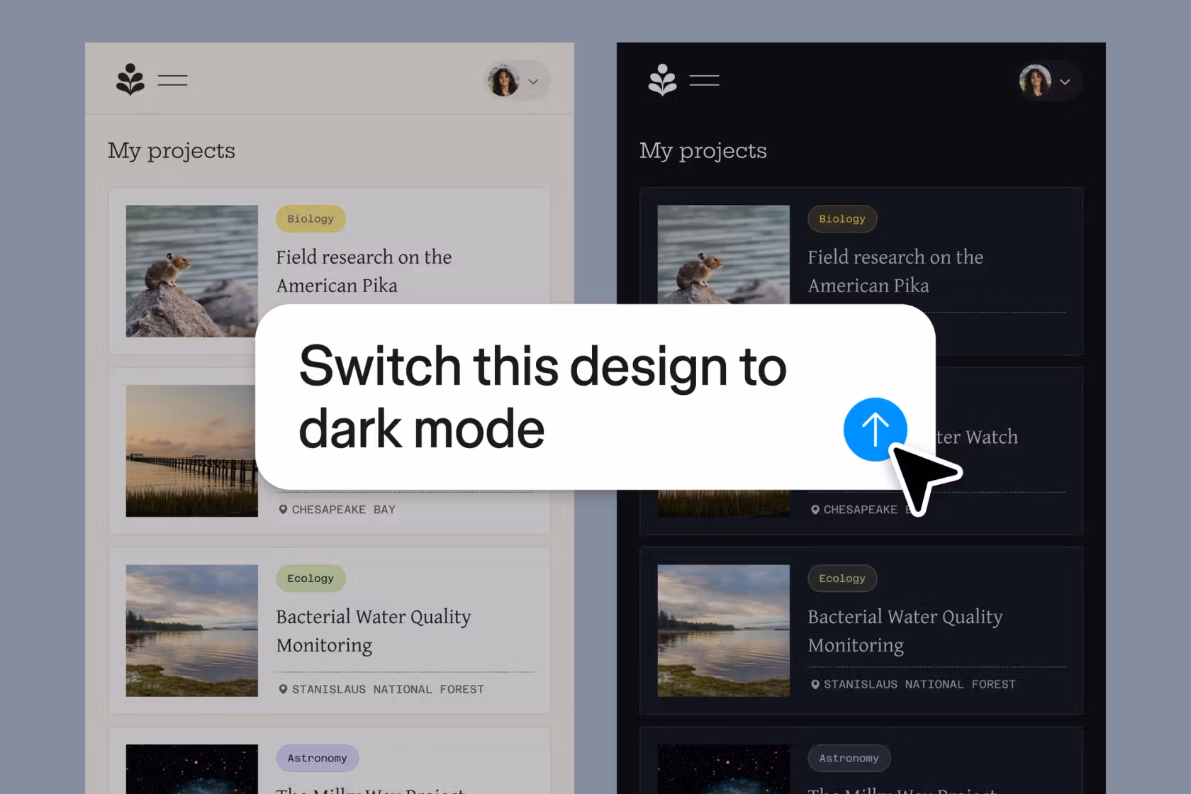 Figma Agent example showing a user interacting with the Figma Agent in a design file converting a light mode UI to a dark mode UI.