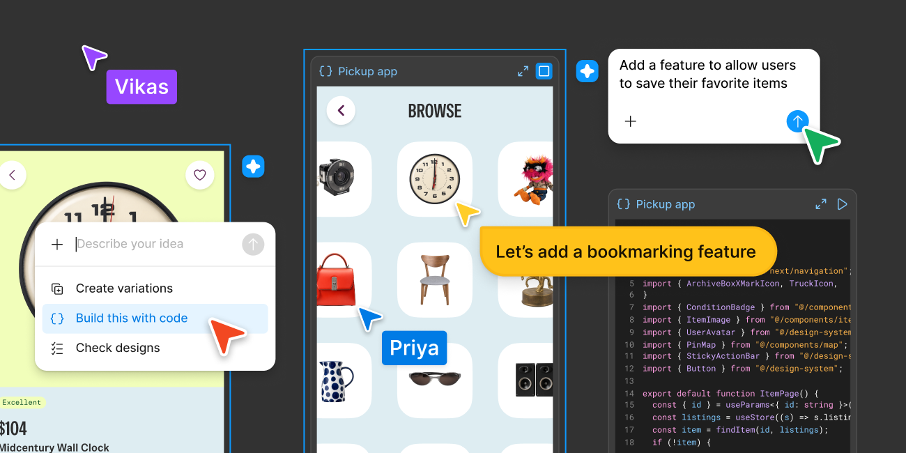 Product UI collage: code layers on the Figma canvas with collaborator cursors and a prompt to add a bookmarking feature
